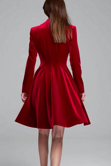 Velvet Burgundy Peak Lapel A Line Work Dress